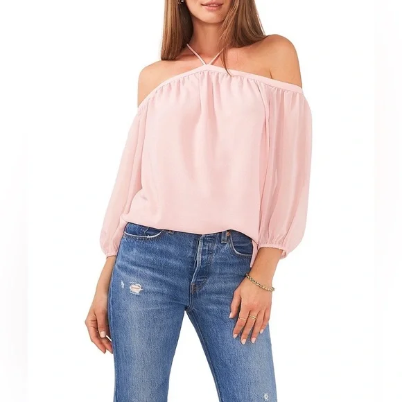NWT 1. State Revolve Off the Shoulder Sheer Crepe Chiffon Top Pink Taffeta Small - Picture 6 of 16